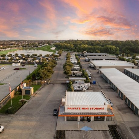 Twilight aerial view of Westlake RV Resort and on-site mini storage near 18602 Clay Road, Houston TX