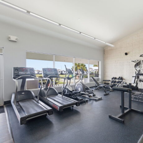 Fitness center with treadmills, elliptical, free weights, and strength equipment overlooking the lake at Mont Belvieu RV Resort near Houston Texas