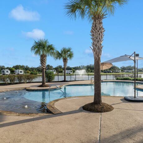 Pool at Brazoria Lakes RV Resort with palm trees, two umbrellas, and lake fountain in the background
