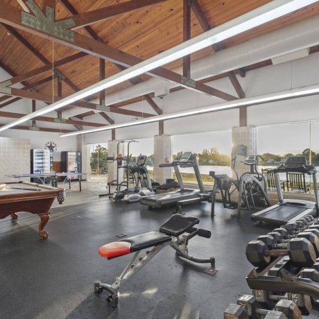 Spacious, well-equipped fitness center in a lakefront community featuring cardio machines, free weights, adjustable benches, a professional pool table, ping-pong table, and large windows overlooking a serene lake with fountain.