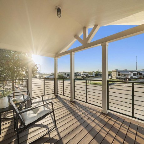 Private porch at Mont Belvieu RV Resort — park model porches for weekend getaways, Baytown TX