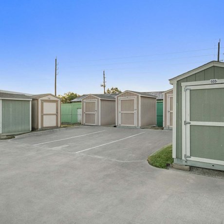 Guest storage sheds at Mont Belvieu RV Resort — convenient on-site storage for weekend stays in Baytown, TX