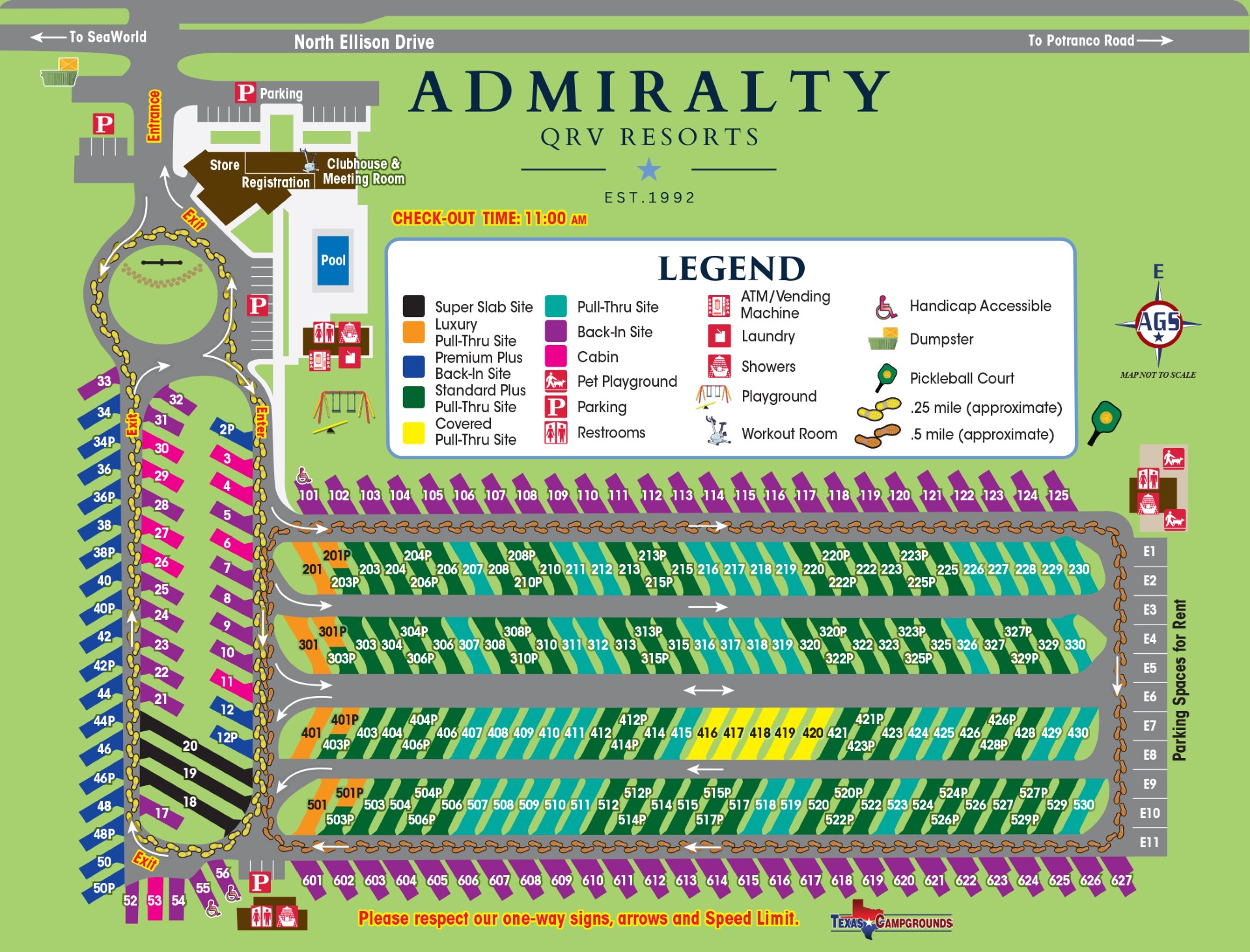 Admiralty QRV Resorts campground map showing numbered RV sites, amenities, and layout near SeaWorld, San Antonio, TX.
